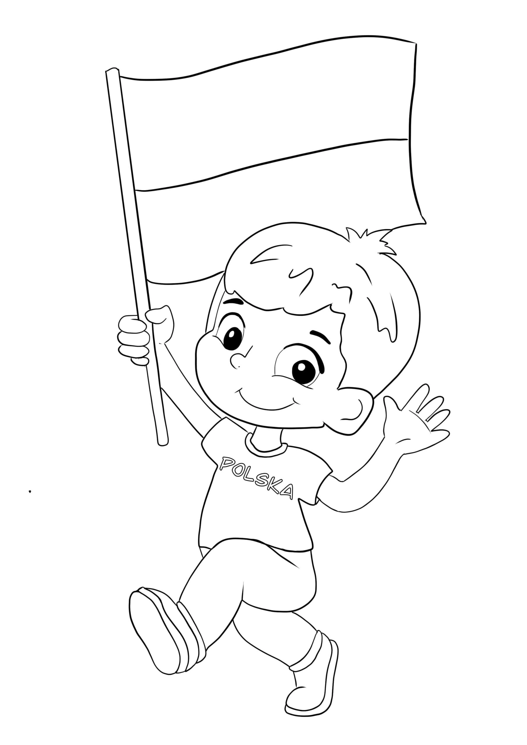 Coloring book cheerful boy with a flag